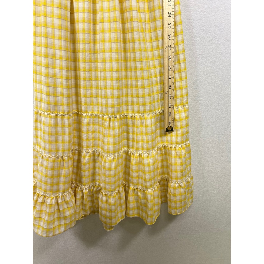 Max Studio Yellow Gingham Tiered Maxi Dress Ruffle Neckline Elastic Waist Size S - Picture 7 of 8